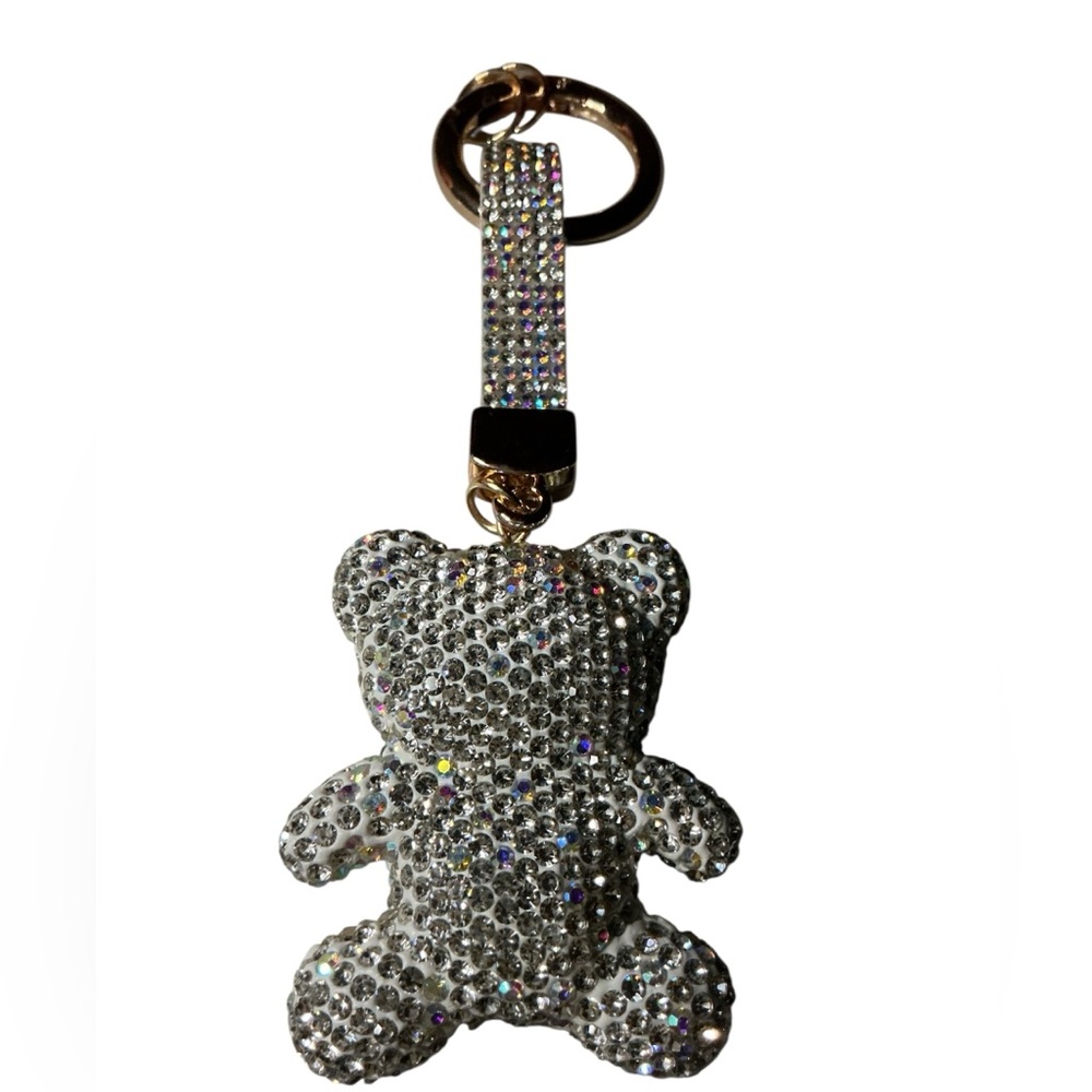 Crystal Teddy Bear Bag Charm/Keychain Sparkling Silver NEW